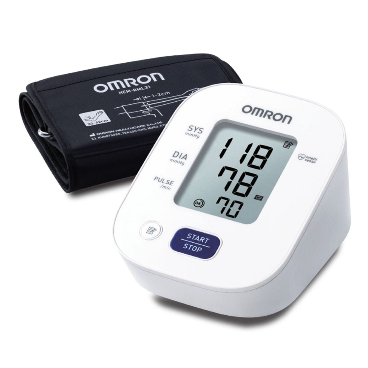 Detalle pantalla LCD del tensiómetro digital OMRON HEM-7142 mostrando lectura de presión arterial 118/78 mmHg. Incluye brazalete ComFit negro para circunferencias 22-42cm. Display grande de fácil lectura con detector de latido irregular integrado.