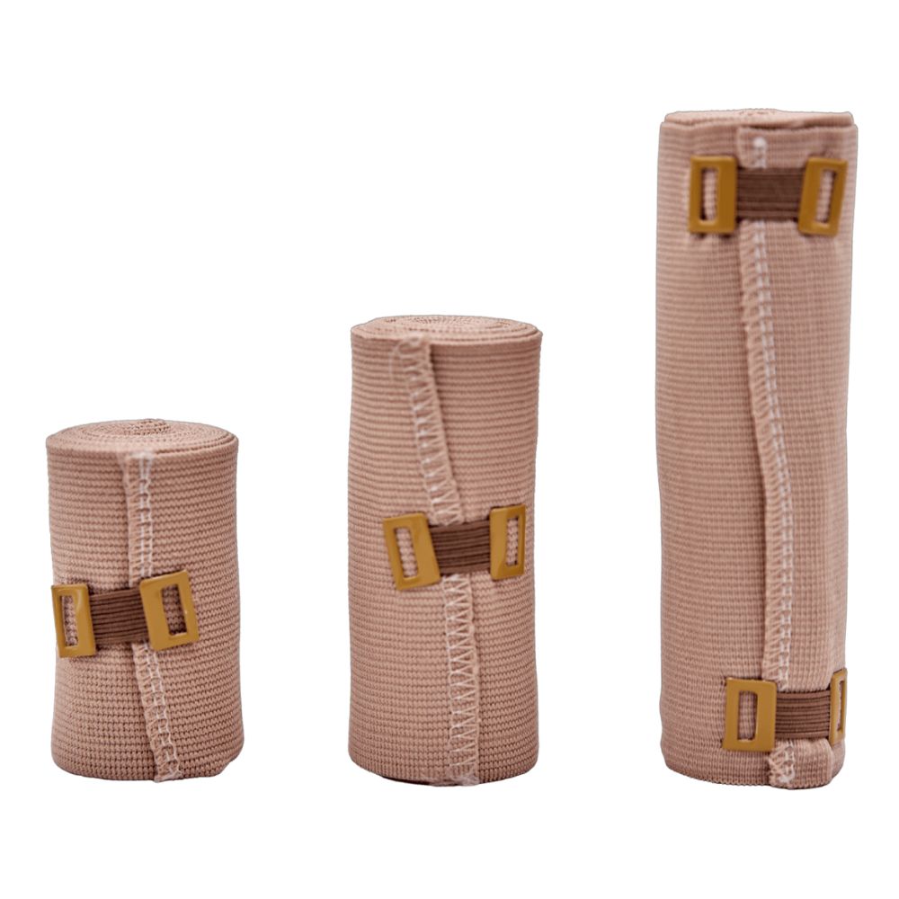 Vendas elásticas beige con gancho en anchos 5, 7,5, 10 y 15 cm, presentación en rollos