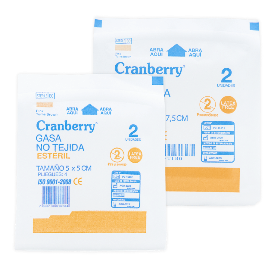 Gasas estériles Cranberry 5x5 y 7.5x7.5 cm — formatos menores para heridas pequeñas botiquín