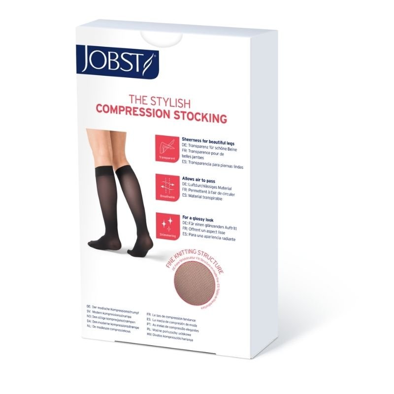 Caja posterior JOBST UltraSheer 15-20 mmHg punta abierta con descripción técnica.