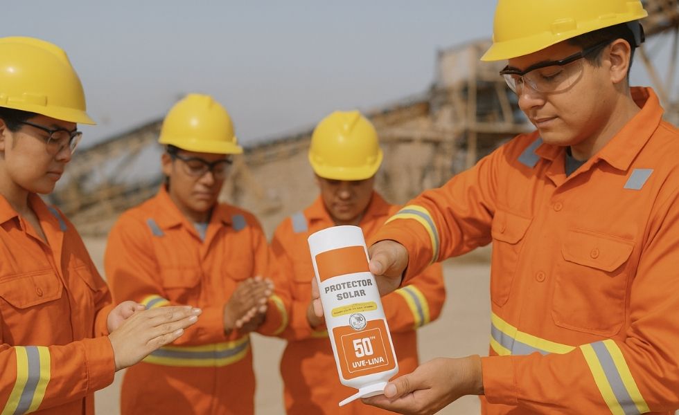 trabajador aplicando protector solar UVX SPF 50+ en faena laboral al aire libre en Chile