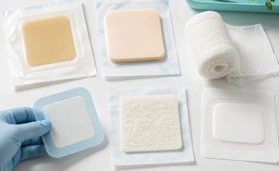 Tipos de apósitos para heridas: hidrocoloide, espuma, alginato, silicona y gasa estéril sobre superficie blanca