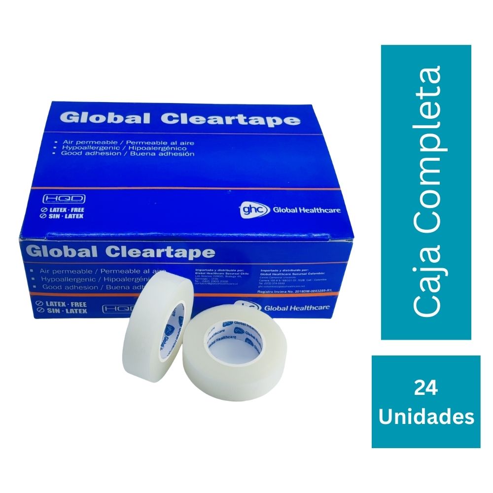 Caja completa de cinta adhesiva médica transparente GHC Global Cleartape con 24 unidades 1.5cm