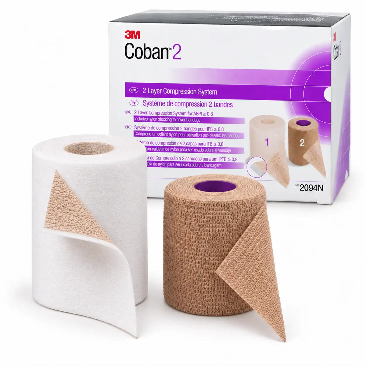 Caja Coban 2 Layer 3M con sus dos rollos: capa de confort blanca y capa de compresión color café