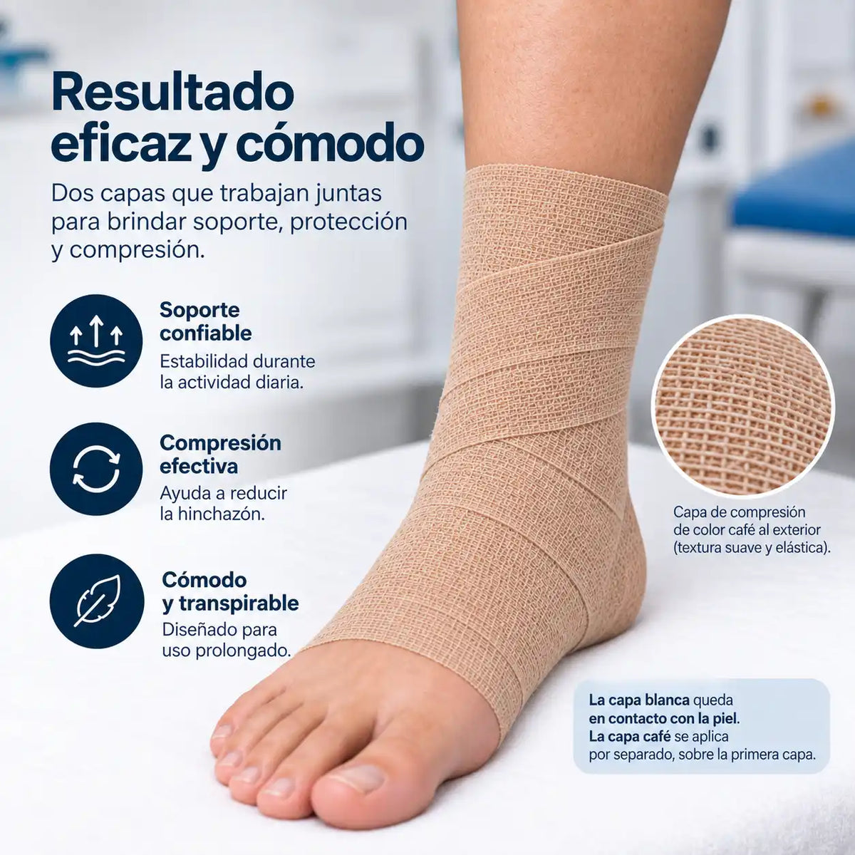 Tobillo con el sistema Coban 2 Layer 3M ya aplicado, mostrando la capa de compresión café como resultado final