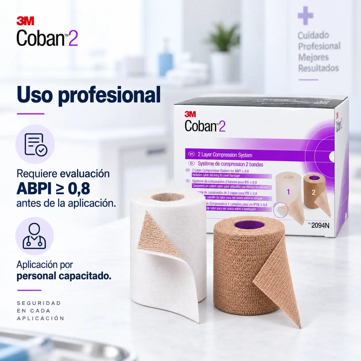 Coban 2 Layer 3M: sistema de uso profesional que requiere evaluación de ABPI ≥ 0,8 y aplicación por personal capacitado