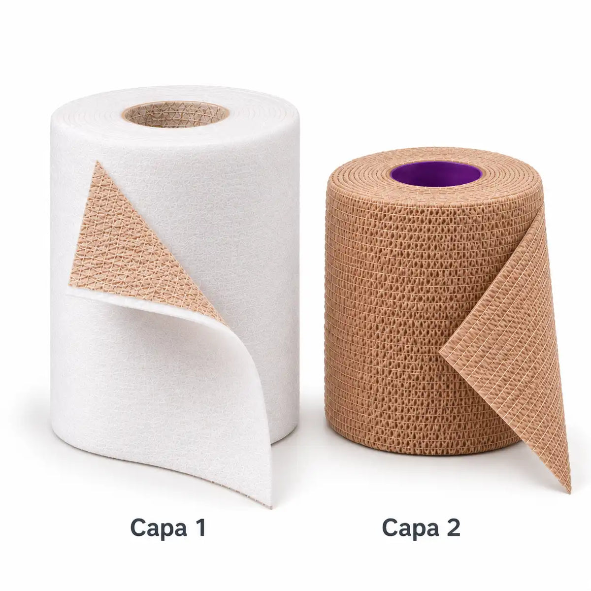 Rollos del sistema Coban 2 Layer 3M desenrollados: Capa 1 de confort blanca y Capa 2 de compresión café