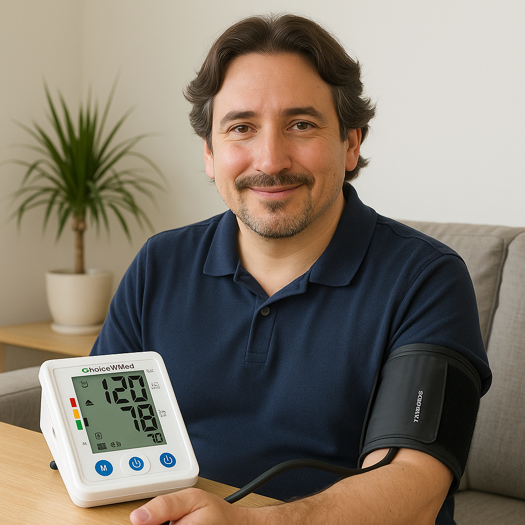 Hombre de mediana edad sonriendo mientras se toma la presión arterial con un tensiómetro digital de brazo BP118A de ChoiceMMed, en un entorno del hogar