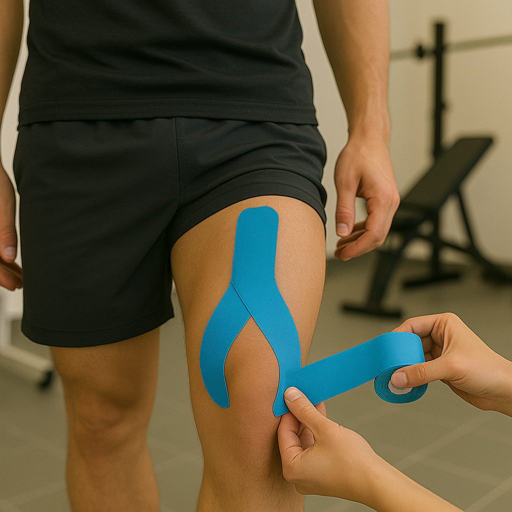 Vendaje neuromuscular Leukotape K azul utilizado para soporte muscular y alivio del dolor en la pierna.