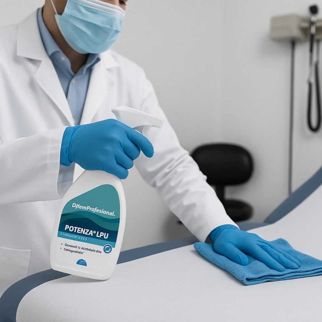Profesional de la salud desinfectando una camilla médica con POTENZA® LPU en una clínica, usando guantes azules y un paño de microfibra.