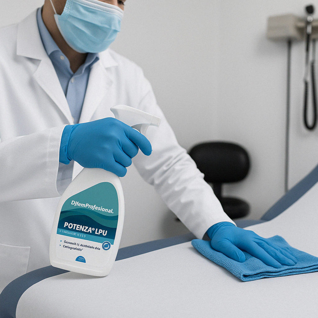 Profesional de la salud desinfectando una camilla médica con POTENZA® LPU en una clínica, usando guantes azules y un paño de microfibra.

