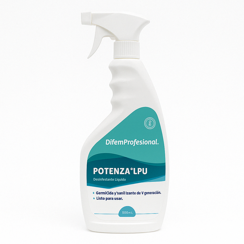 Envase blanco con gatillo aplicador de Potenza LPU, desinfectante líquido con amonio cuaternario de 5ª generación y alcohol 72%
