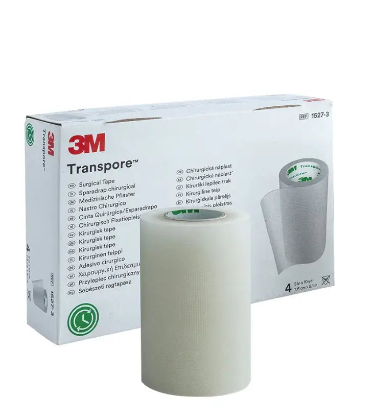 Cinta quirúrgica 3M Transpore aplicada para fijación de apósitos y dispositivos médicos