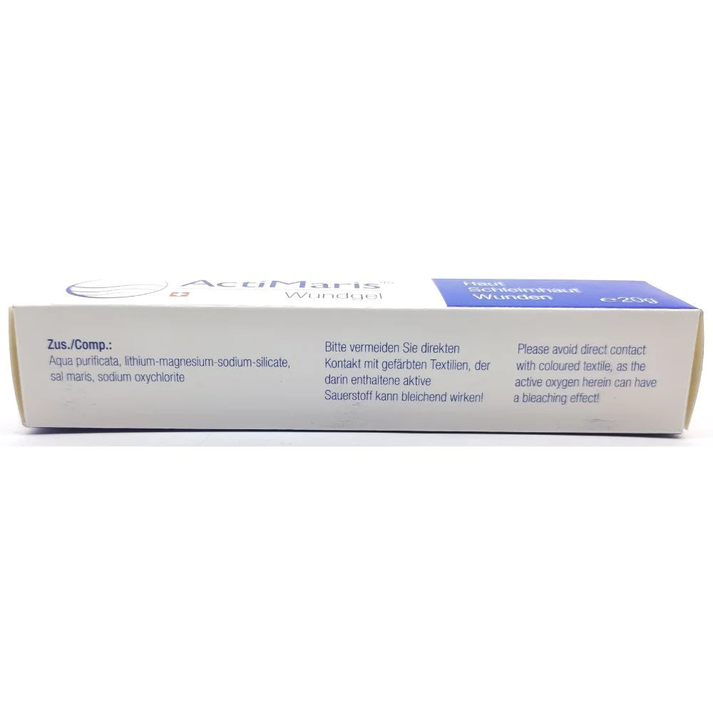 Actimaris Forte Gel 20g vista lateral de la caja producto cicatrizante