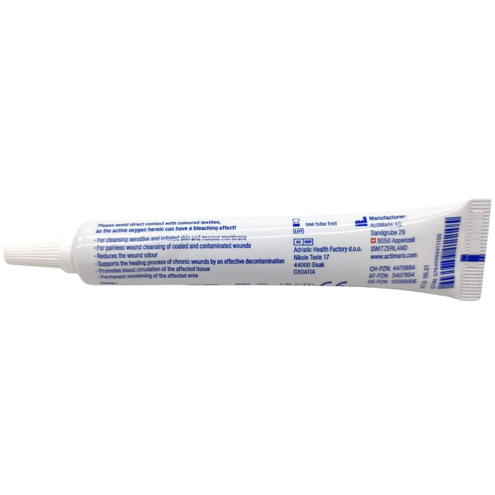 Actimaris Forte Gel 20g vista posterior del tubo gel cicatrizante antimicrobiano
