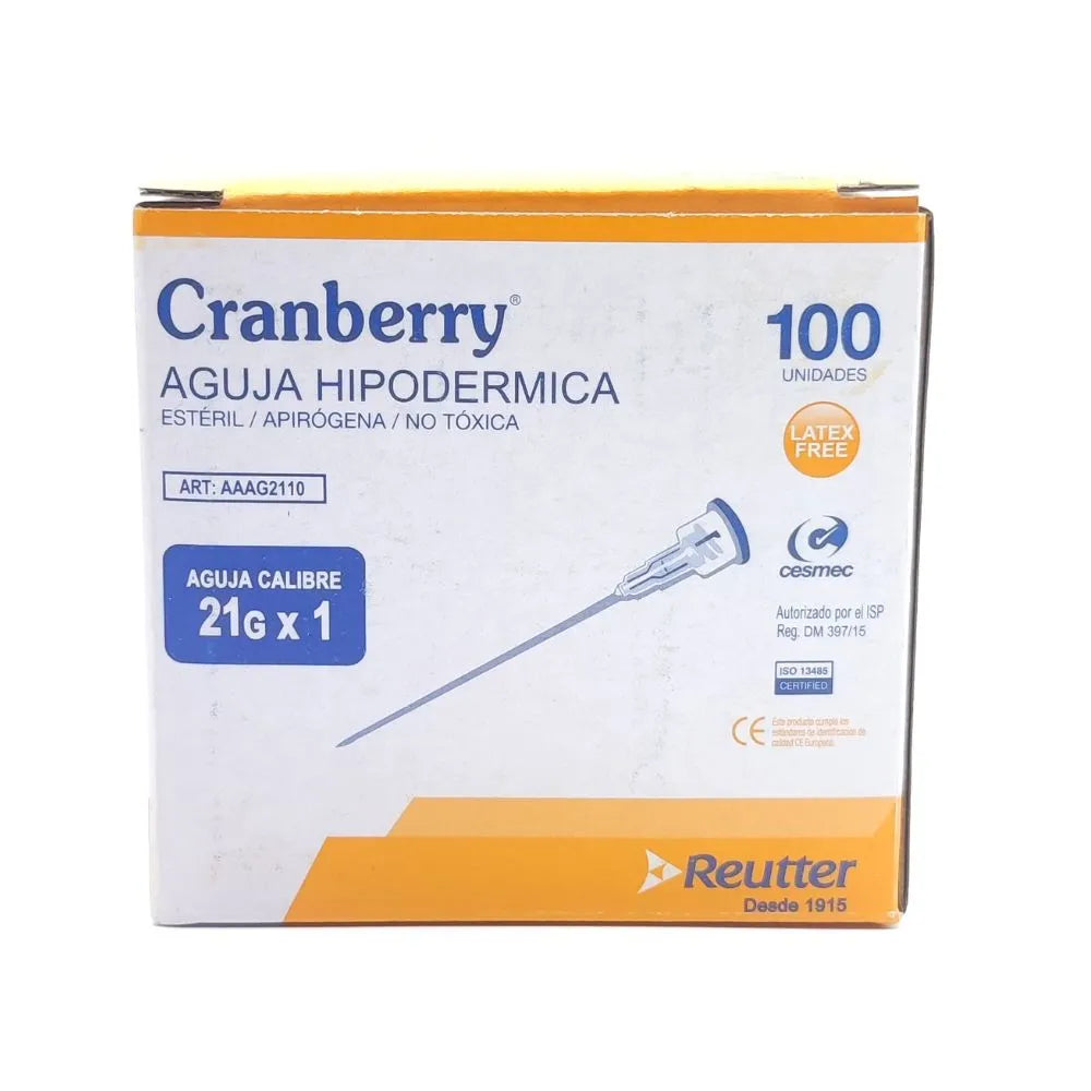 Caja de agujas hipodérmicas 21G x 1 pulgada Cranberry 100 unidades vista frontal