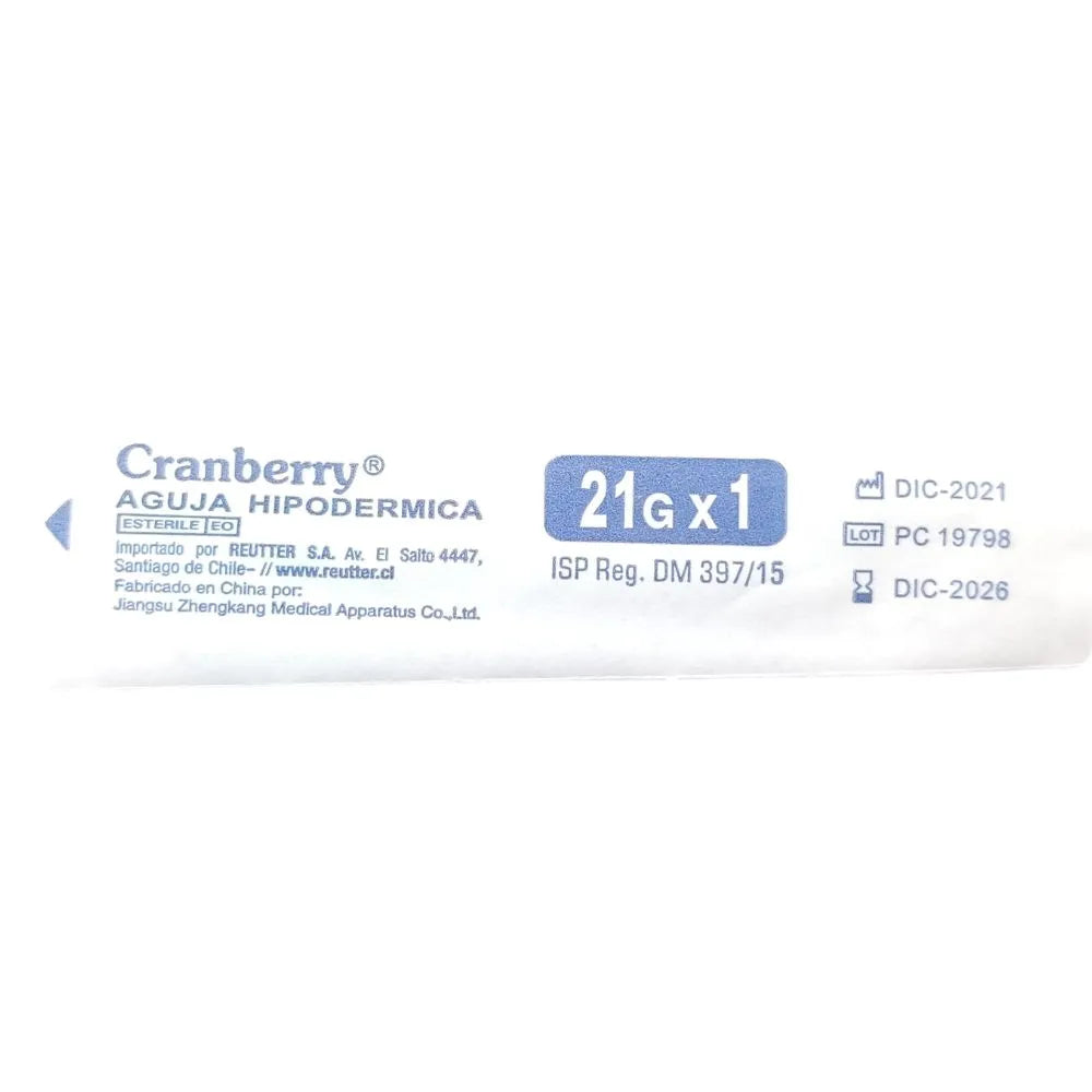 Aguja hipodérmica estéril Cranberry 21G x 1 pulgada en envase individual