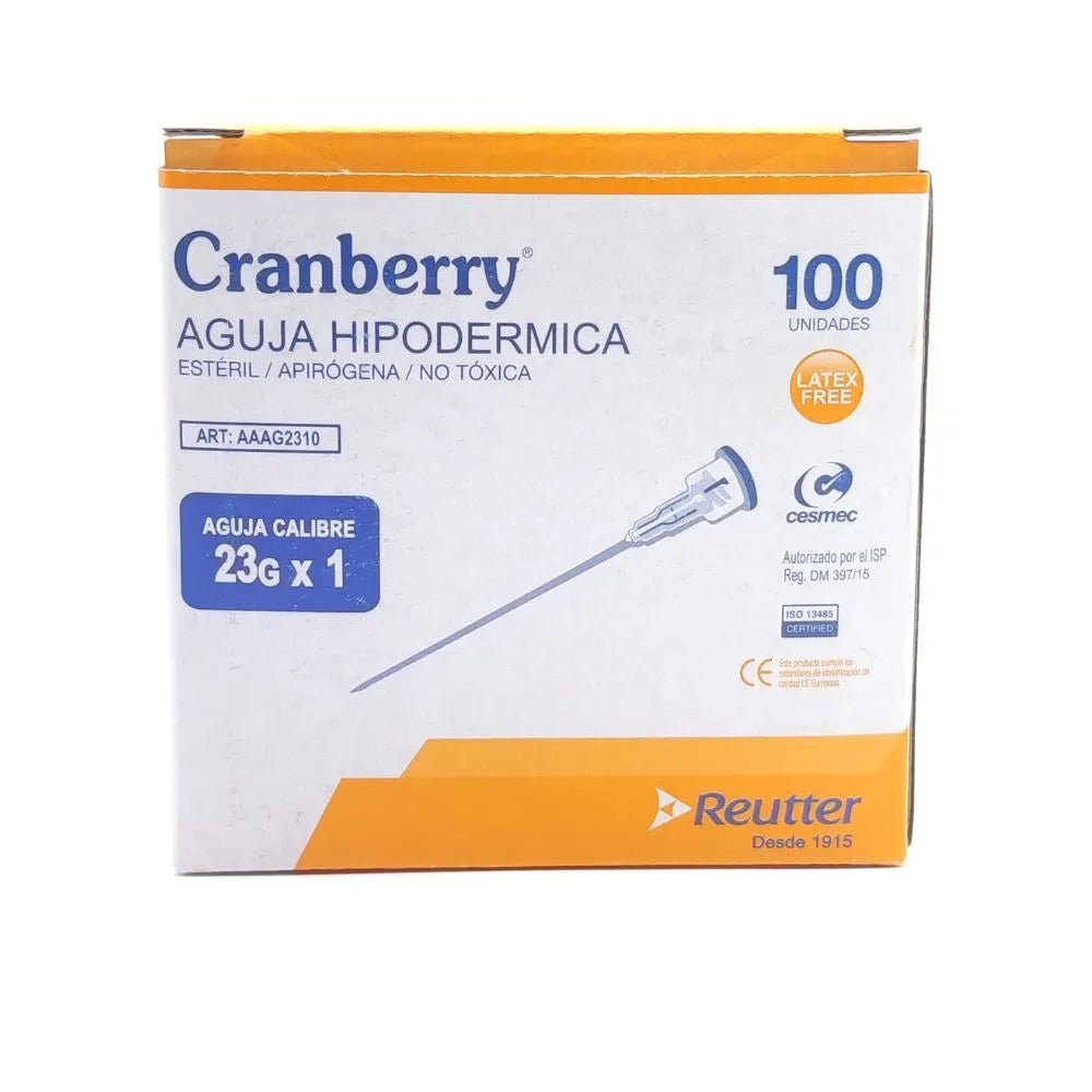 Caja de agujas hipodérmicas 23G x 1 pulgada Cranberry 100 unidades vista frontal