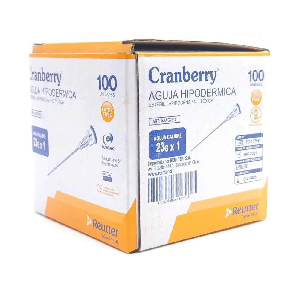 Caja de agujas hipodérmicas 23G x 1 pulgada Cranberry 100 unidades vista en perspectiva