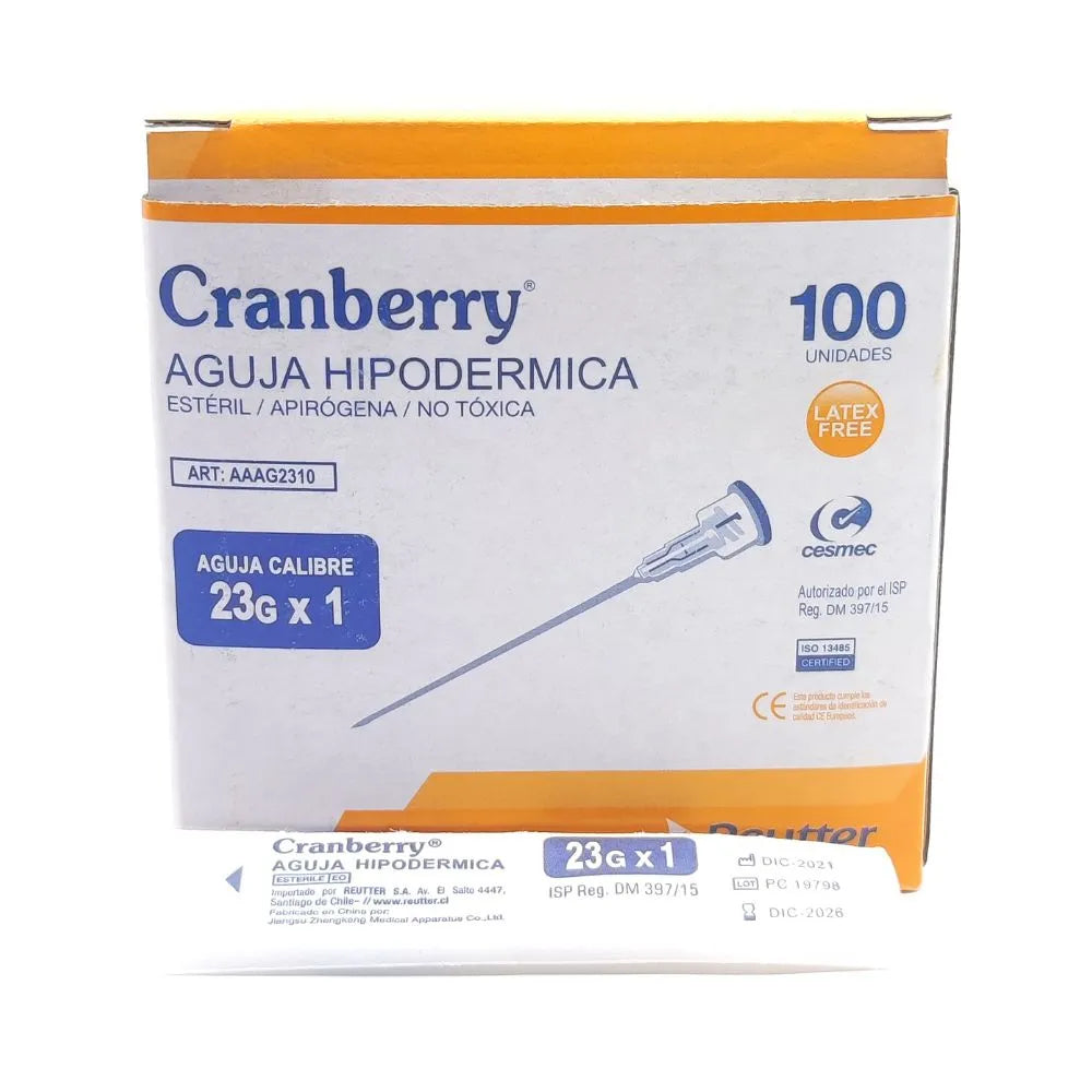 Caja de agujas hipodérmicas 23G x 1 pulgada Cranberry con envase individual