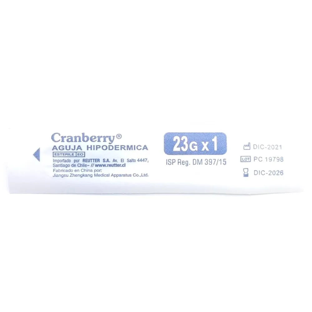 Aguja hipodérmica estéril Cranberry 23G x 1 pulgada en envase individual