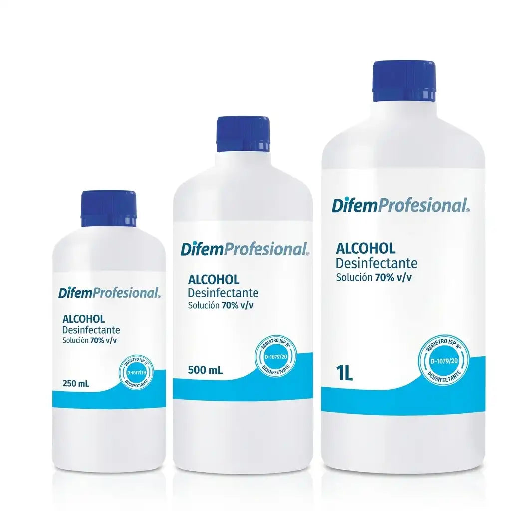 Alcohol desinfectante 70% DifemProfesional 250ml 500ml y 1 litro — Registro ISP D-1079/20 Chile