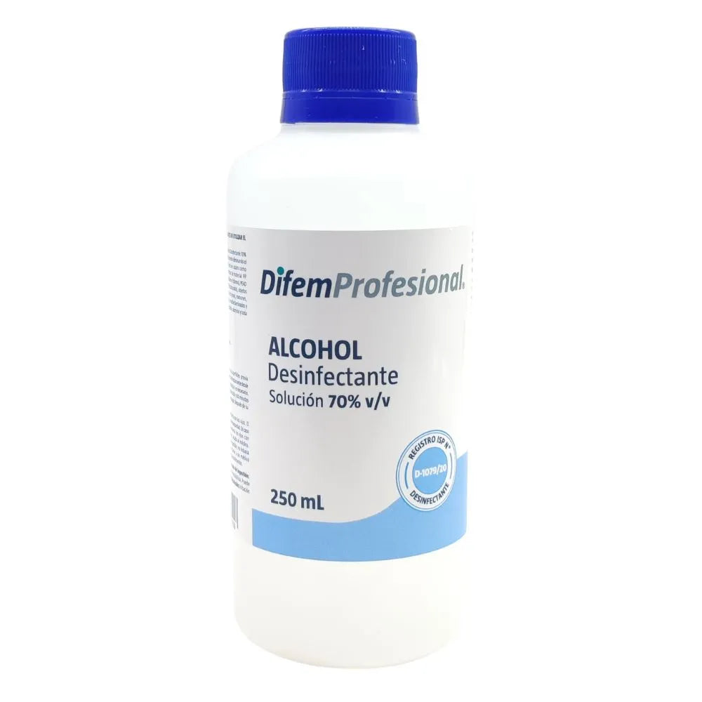 Alcohol desinfectante solución 70% 250 mL Difem Profesional, vista frontal del envase