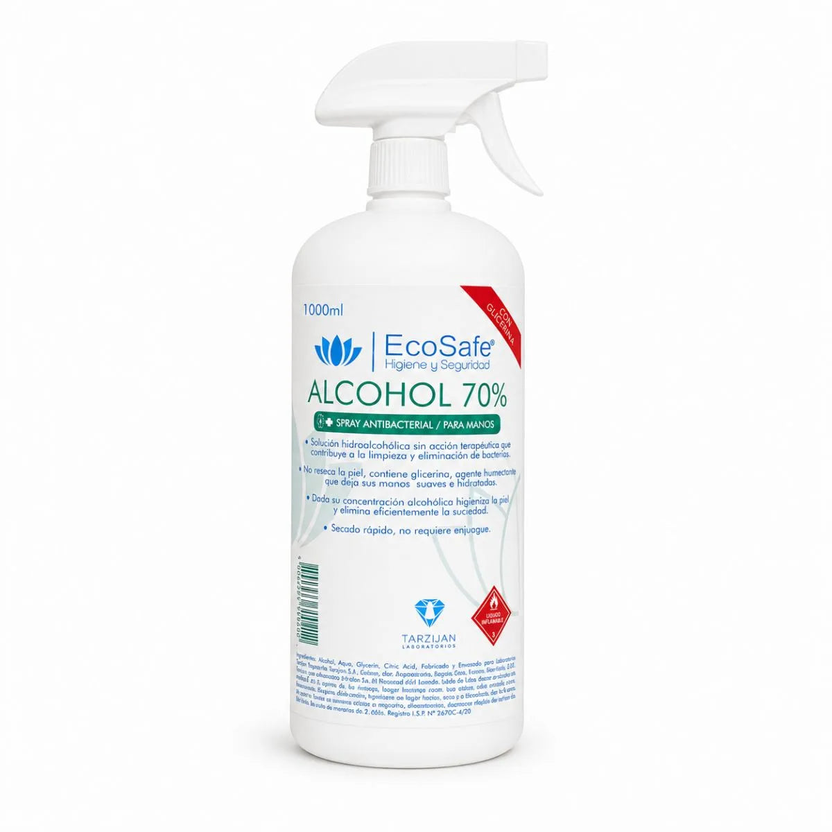 Alcohol spray antibacterial EcoSafe 70% 1 litro — envase con gatillo, vista frontal