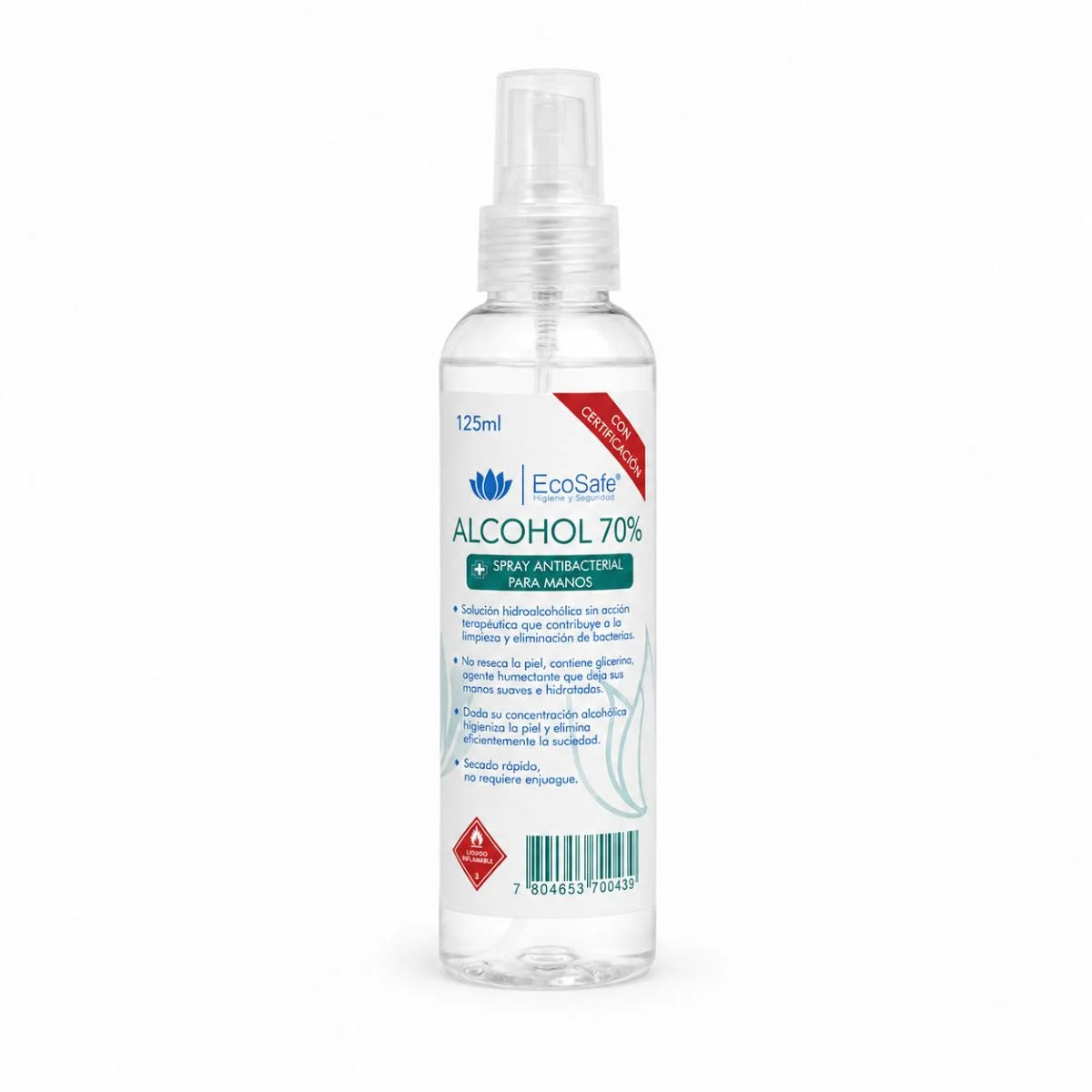 Alcohol spray antibacterial EcoSafe 70% 125 ml — envase con bomba spray, vista frontal
