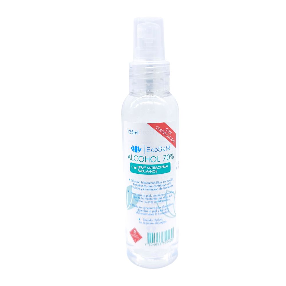 Alcohol spray EcoSafe 70% antibacterial 125ml con glicerina para higienización de manos