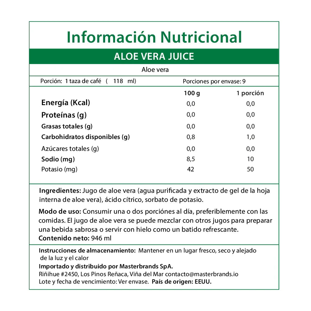 Información nutricional Aloe Vera Juice Chile - 118ml porción 9 porciones 946ml jugo sábila puro