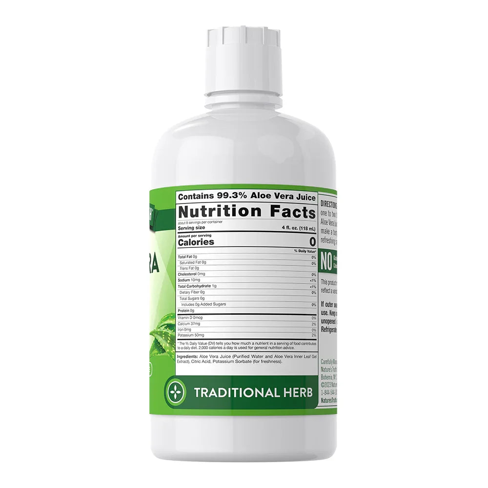 Tabla nutricional Aloe Vera Juice - 99.3% aloe vera porción 118ml Traditional Herb potasio calcio