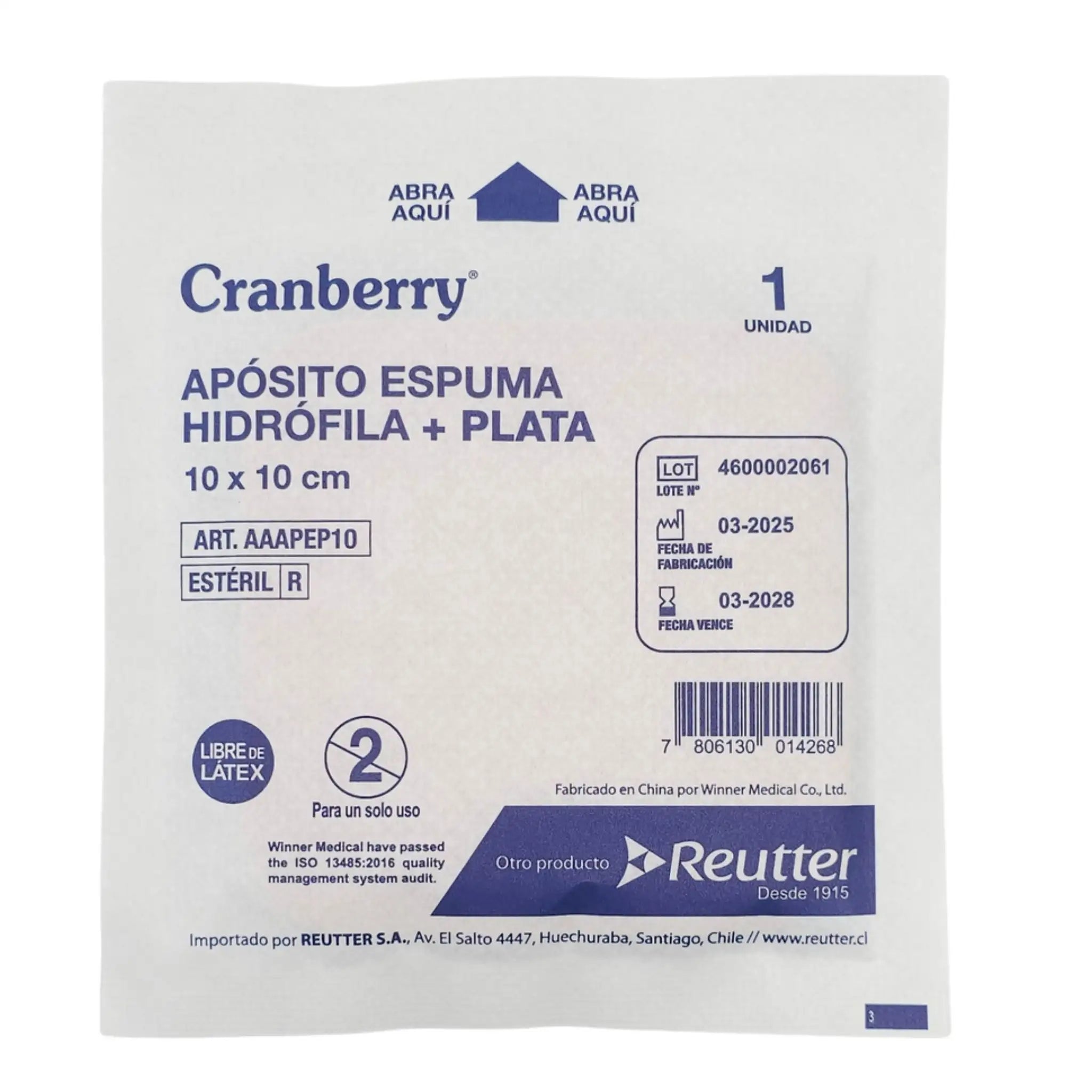 Apósito espuma hidrofilica con plata Cranberry AAAPEP10 10x10 cm — 1 unidad