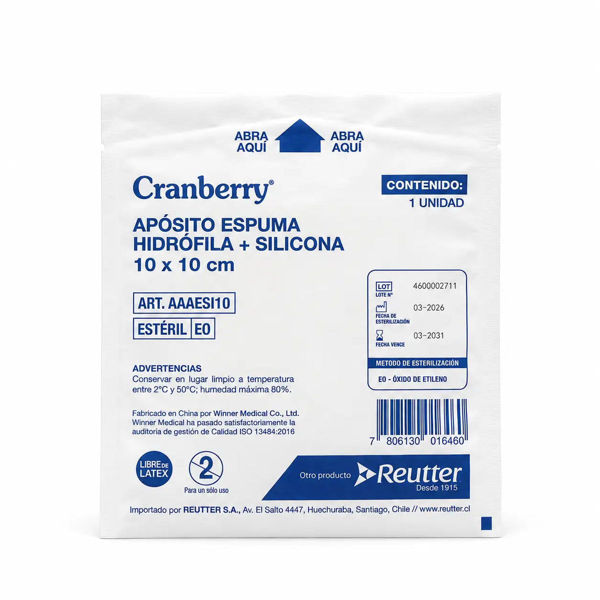 Apósito de espuma con silicona Cranberry AAAESI10 en envase individual estéril — 1 unidad, libre de látex