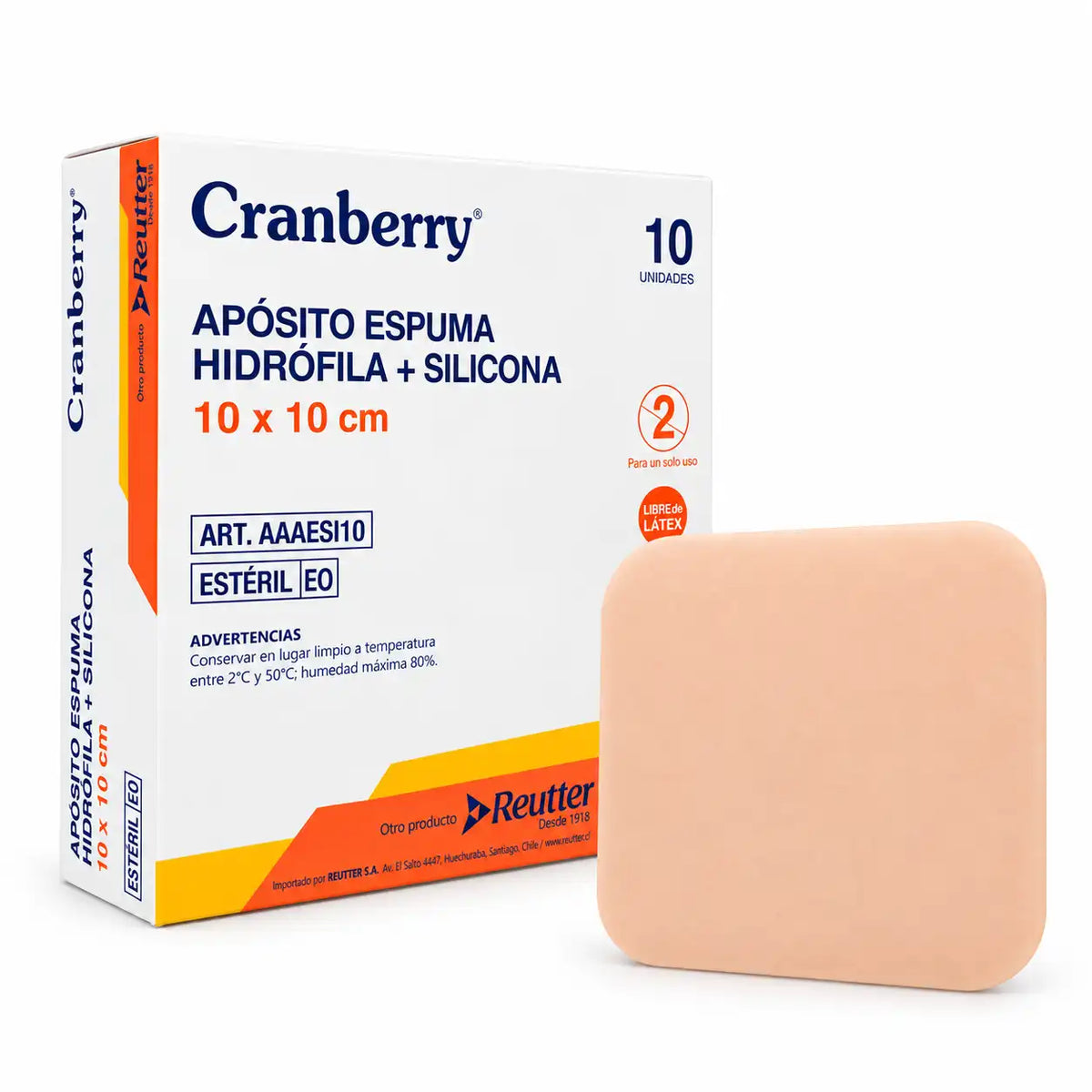 Apósito de silicona Cranberry 10x10 cm junto a su caja original — espuma hidrófila + silicona estéril