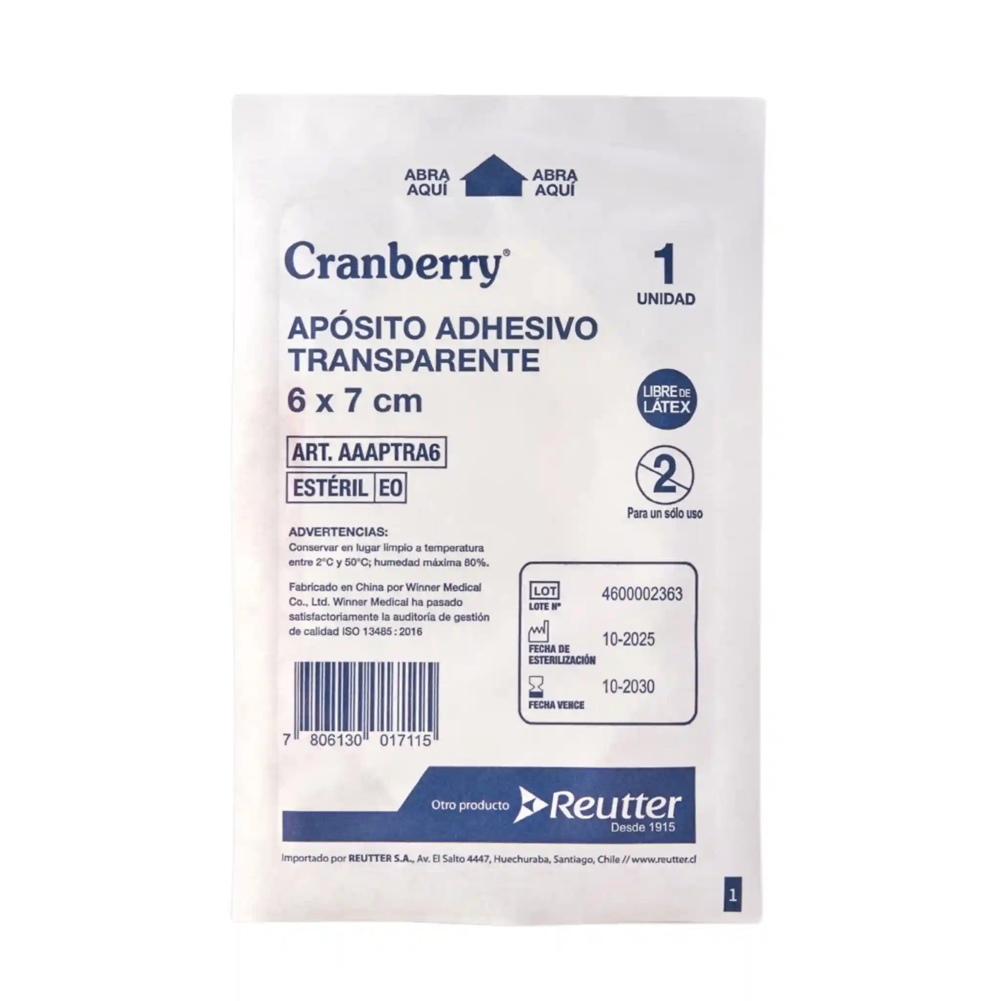 Sobre individual de apósito transparente adhesivo Cranberry 6x7 cm estéril AAAPTRA6