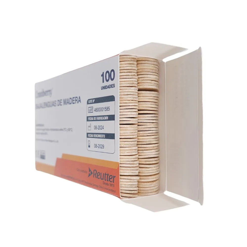 Caja abierta de bajalenguas de madera Cranberry Reutter mostrando 100 unidades apiladas, para uso médico, clínico o primeros auxilios.