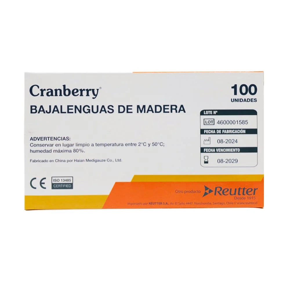 Caja de bajalenguas de madera Cranberry Reutter con certificación ISO 13485 y sello CE, fabricados por Haian Medigauze Co. Ltd para Reutter S.A.