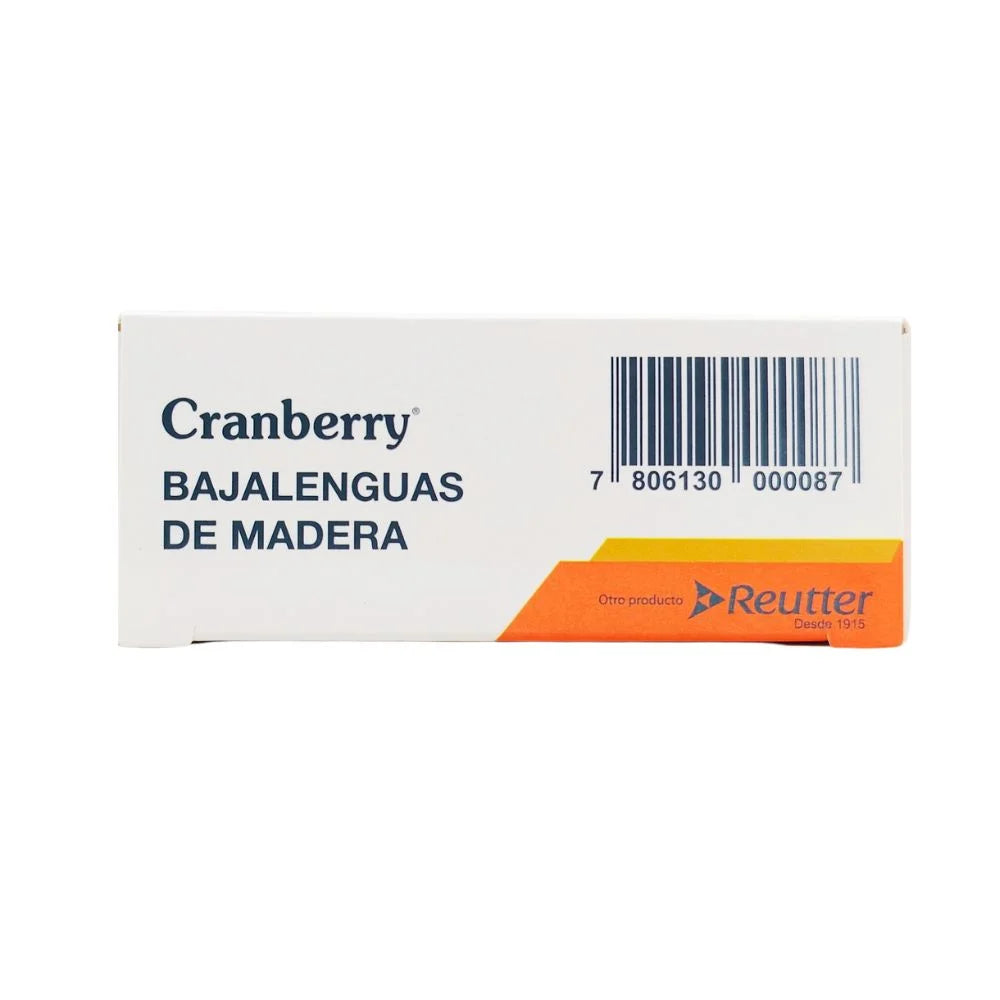 Caja lateral de bajalenguas de madera Cranberry Reutter con código de barras EAN 780613000087 y logo del fabricante Reutter.
