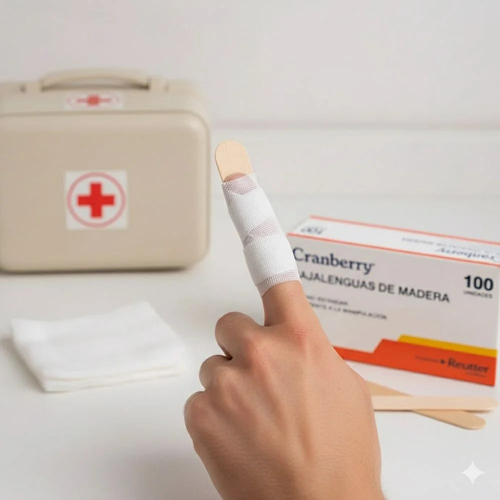 Uso del bajalenguas de madera Cranberry Reutter como férula para inmovilizar un dedo lesionado, vendado con cinta médica, junto a caja del producto y botiquín de primeros auxilios.