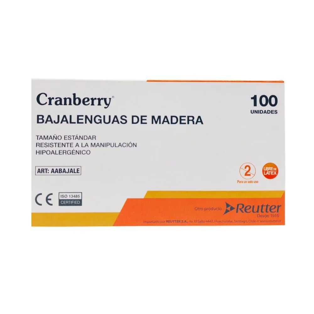 ajalenguas de madera Cranberry Reutter hipoalergénicos y libres de látex, caja con 100 unidades certificadas ISO 13485.