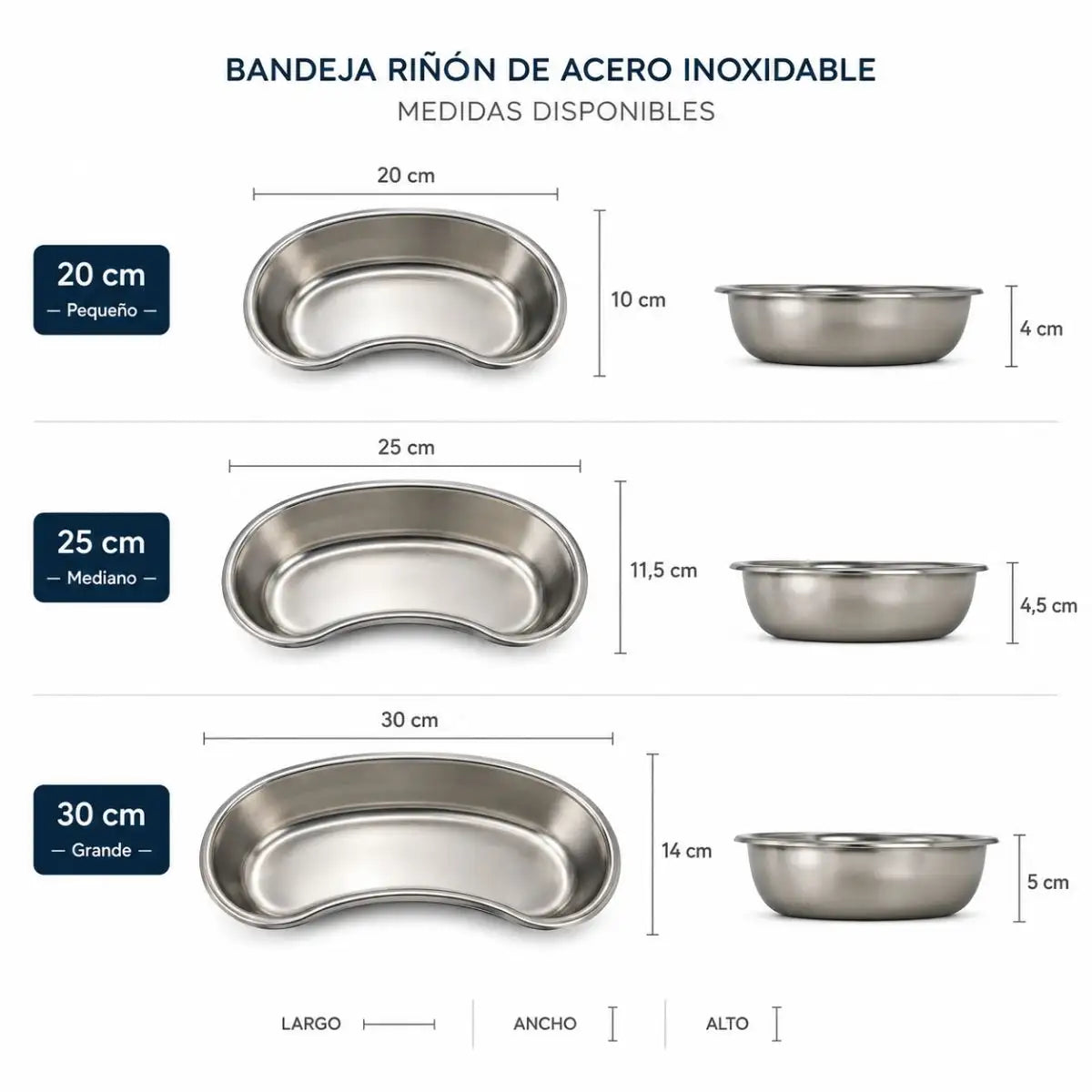 Guía de medidas del riñón de acero inoxidable — 20, 25 y 30 cm con largo, ancho y alto