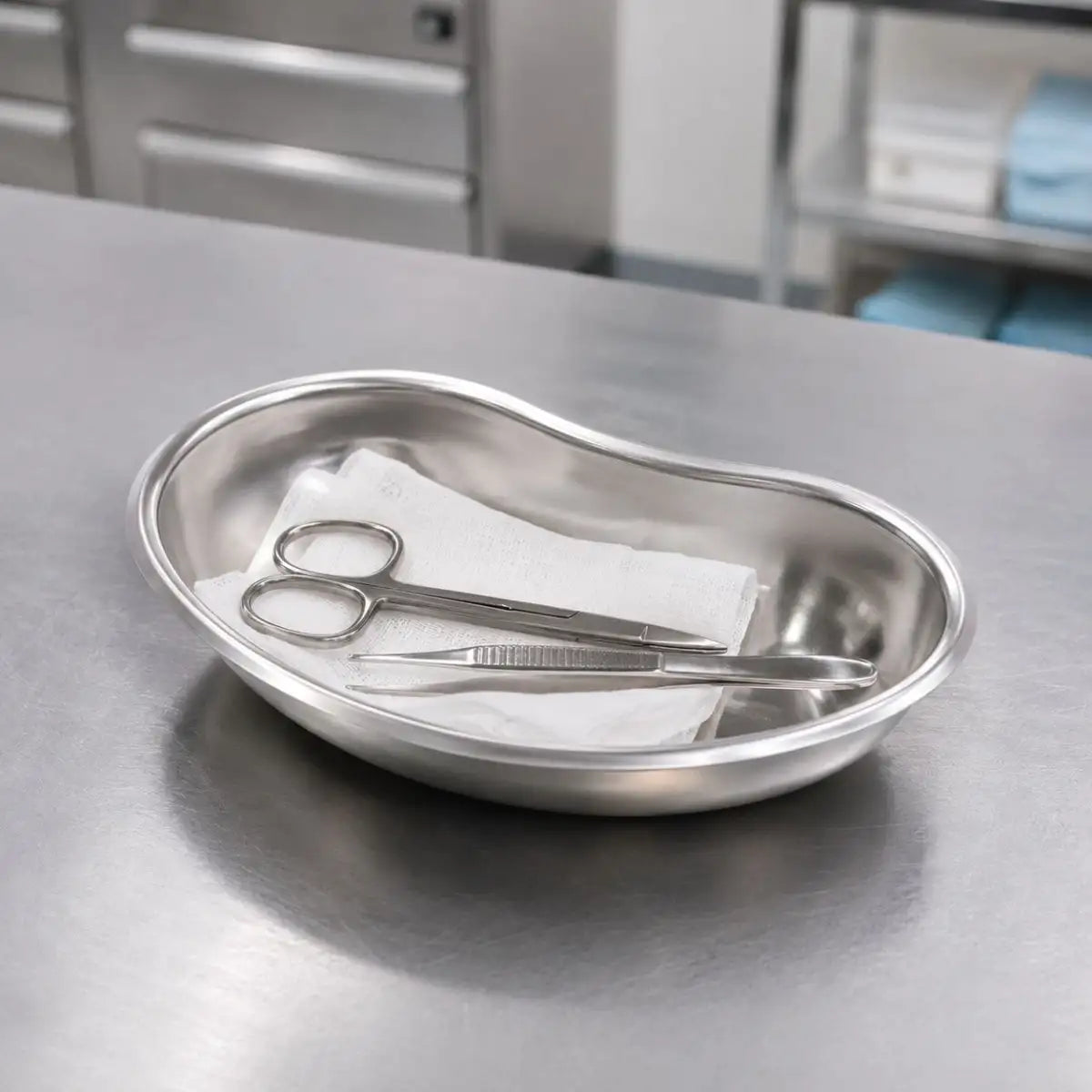Riñón de acero inoxidable en uso clínico — bandeja con gasas e instrumental en curación