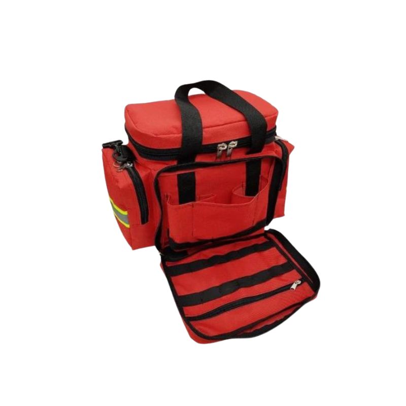 Botiquín paramédico básico de emergencias en color rojo, con varios bolsillos y compartimentos accesibles gracias a su diseño parcialmente abierto.
