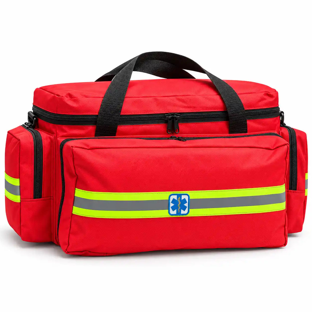 Bolso paramédico grande rojo en vista 3/4 con cinta reflectante y emblema Estrella de la Vida