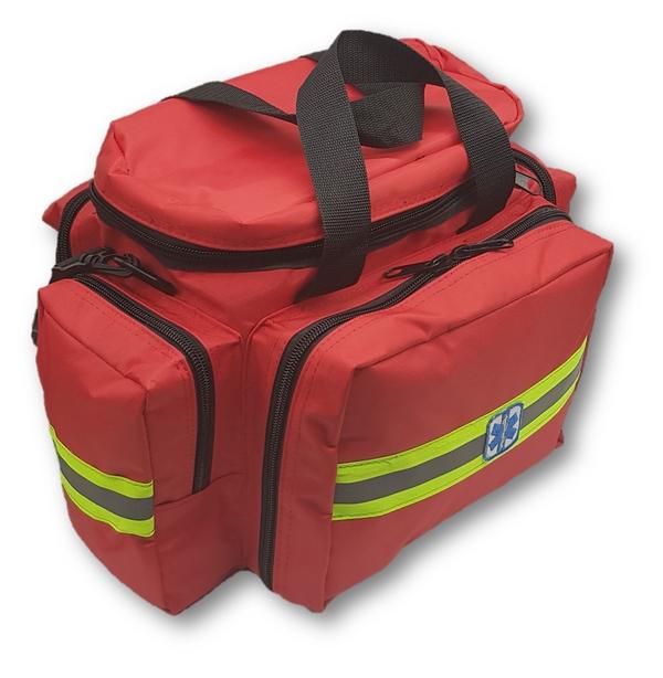Bolso paramédico de emergencias rojo, de tamaño mediano, diseñado para transportar equipo médico esencial e identificado con la estrella de la vida.