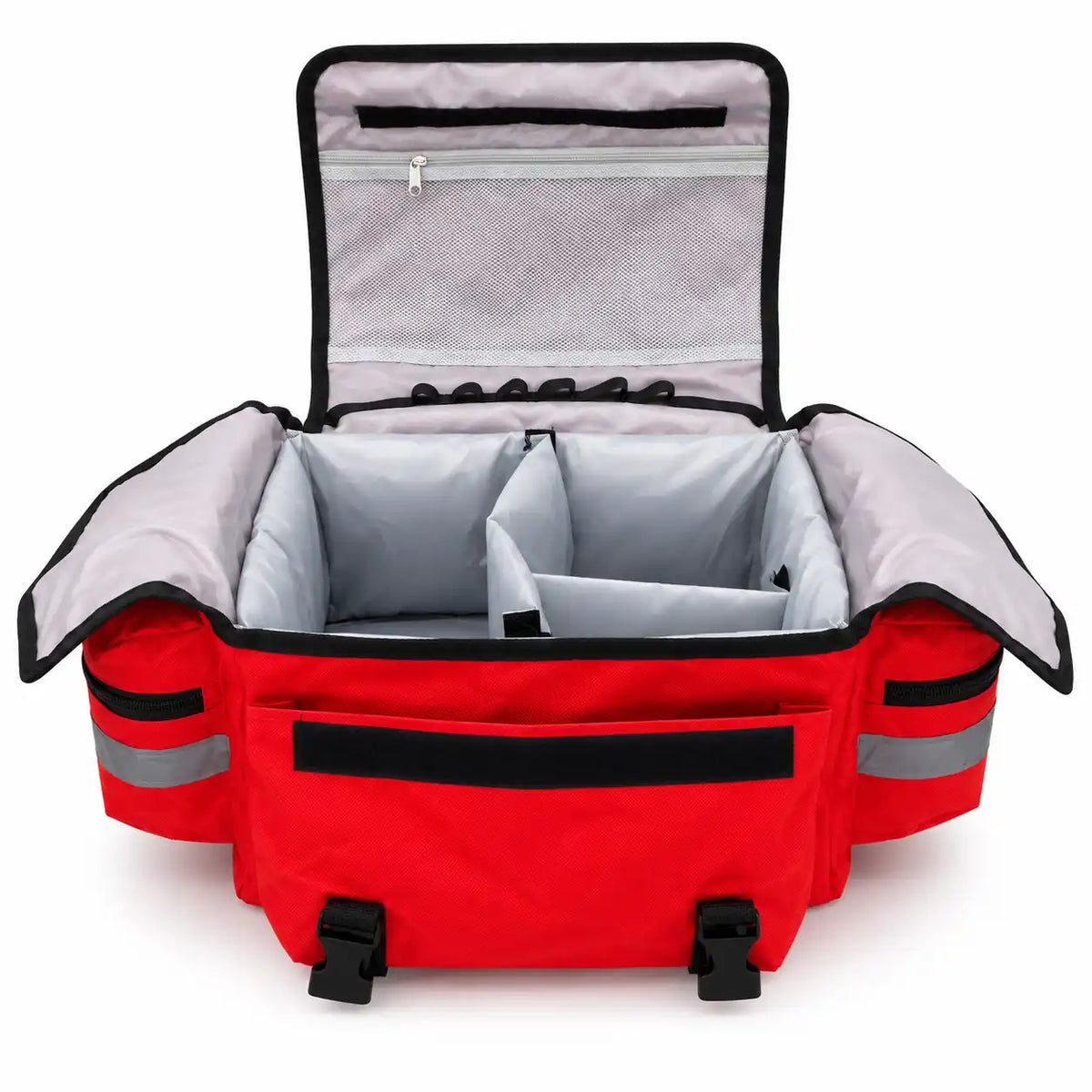 Bolso de trauma compacto abierto — compartimento principal y bolsillo frontal