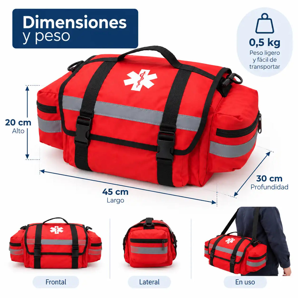 Dimensiones bolso primeros auxilios compacto — 45x30x20 cm, 0,5 kg