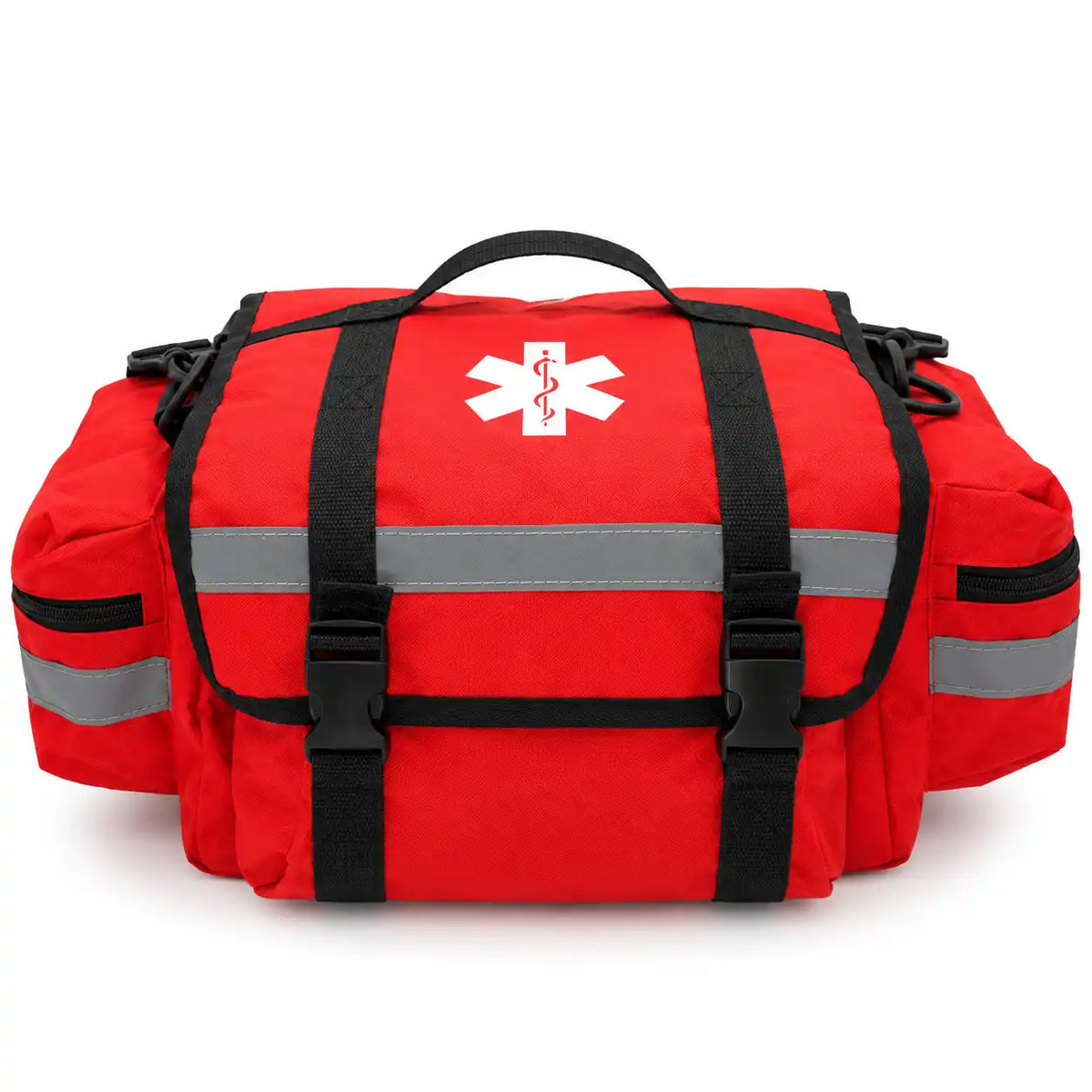 Bolso primeros auxilios compacto — vista frontal con cinta reflectante