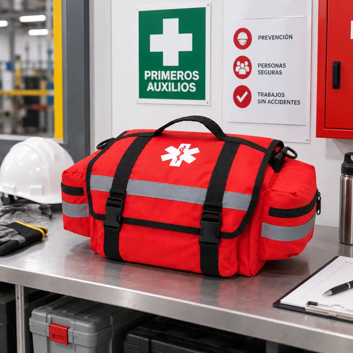 Bolso de trauma compacto sobre mesa — organización para respuesta a emergencias